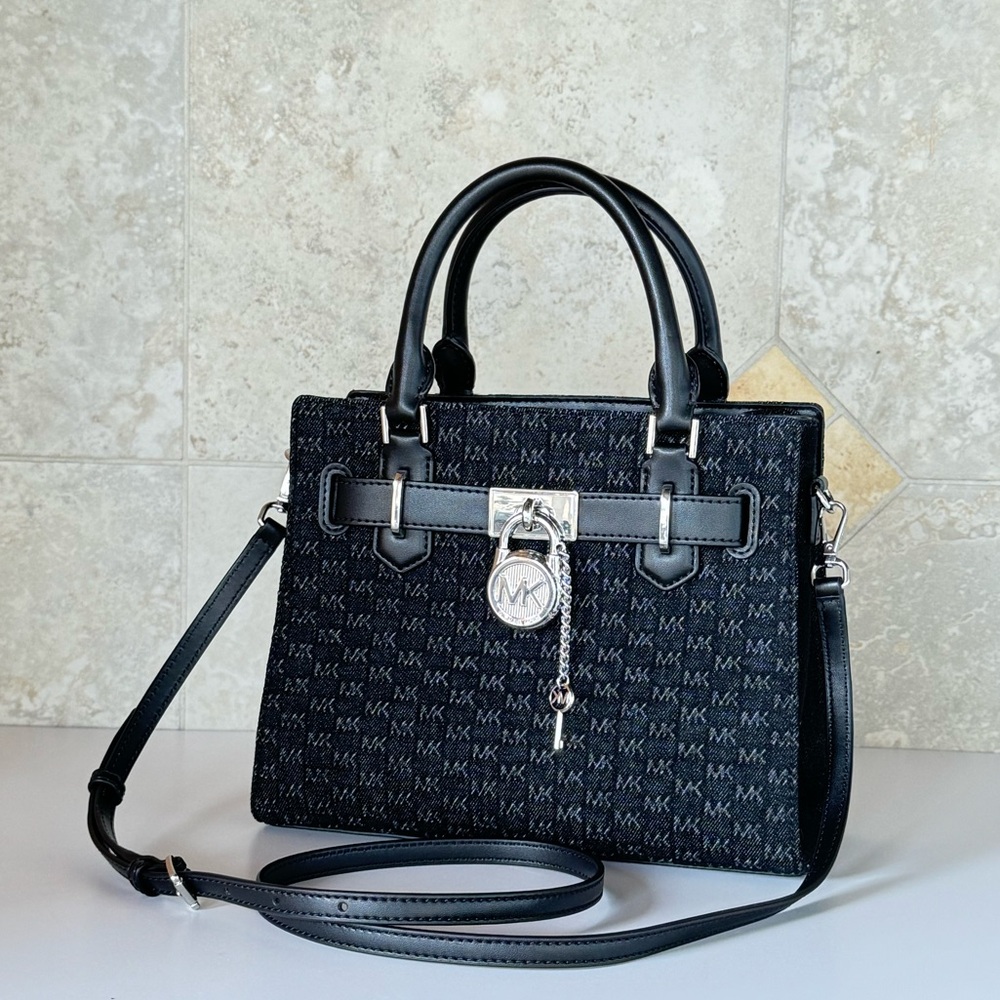 Michael Kors Hamilton Small Satchel Shoulder Bag MK Black Denim